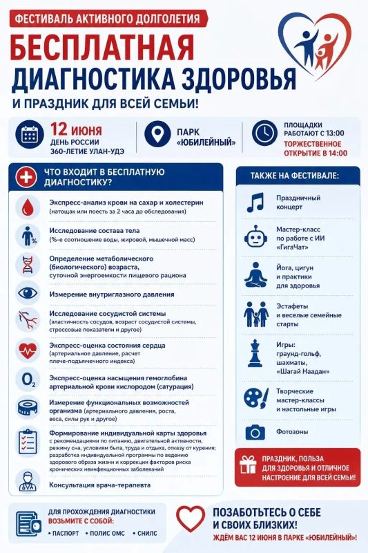 Бесплатная диагностика здоровья, ИИ и концерт: в Улан-Удэ 12 июня пройдёт фестиваль активного долголетия